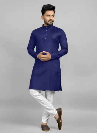 Blue Plain Work Cotton Kurta Pyjama