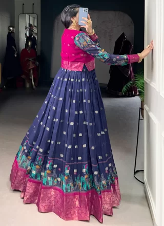Blue Polly Cotton Patch Border, Fancy, Print, Weaving and Zari Work Gown for Ceremonial