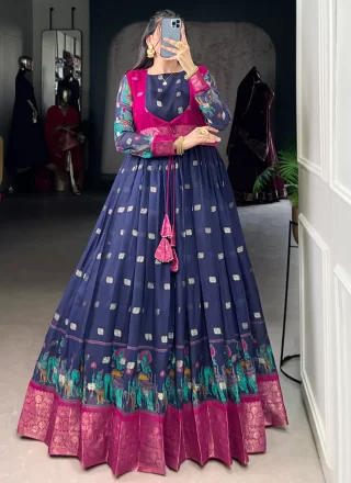 Blue Polly Cotton Patch Border, Fancy, Print, Weaving and Zari Work Gown for Ceremonial