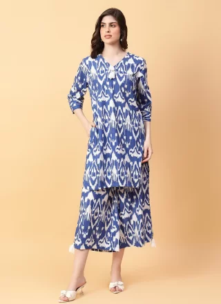 Blue Print Work Cotton Designer Kurti