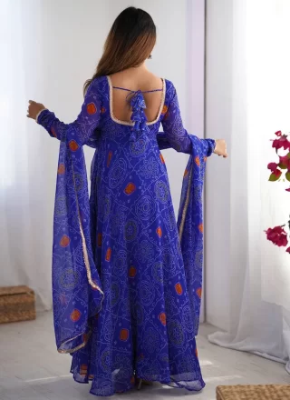 Blue Pure Chiffon Foil Print and Lace Work Anarkali Suit for Ceremonial