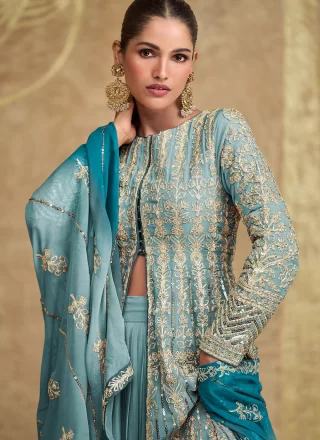 Blue Pure Georgette Readymade Lehenga Choli In Plain