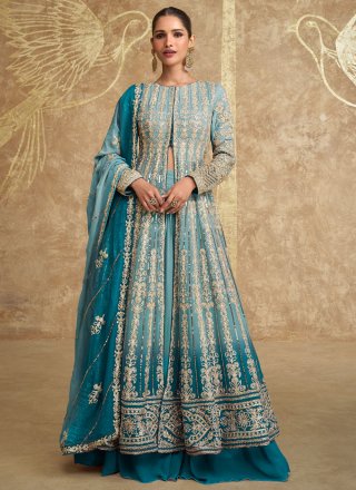Blue Pure Georgette Readymade Lehenga Choli In Plain
