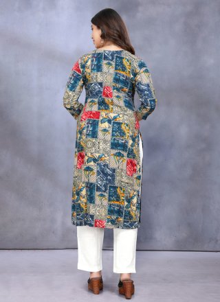 Blue Rayon Casual Kurti with Print Work