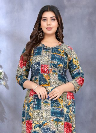 Blue Rayon Casual Kurti with Print Work