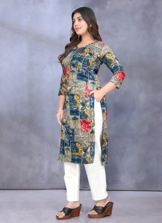 Blue Rayon Casual Kurti with Print Work