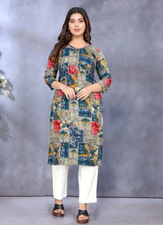 Blue Rayon Casual Kurti with Print Work