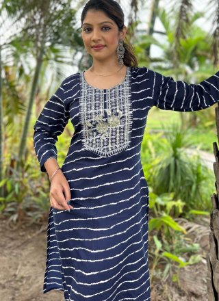 Blue Rayon Designer Kurti with Embroidered and Print Work