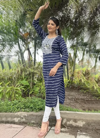 Blue Rayon Designer Kurti with Embroidered and Print Work