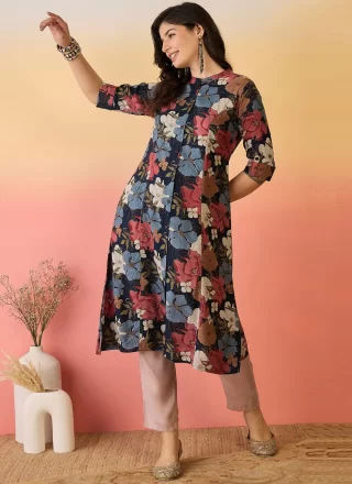 Blue Rayon Designer Kurti with Floral Patch Work for Casual