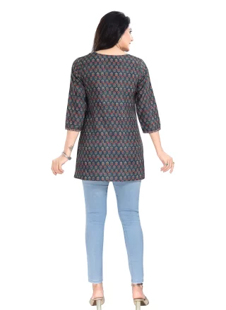 Blue Rayon Designer Kurti with Print Work