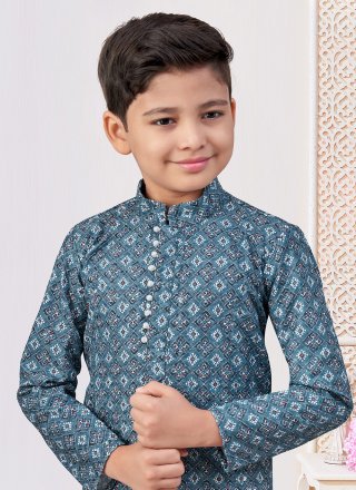 Blue Rayon Digital Print and Embroidered Work Kurta Pyjama for Kid