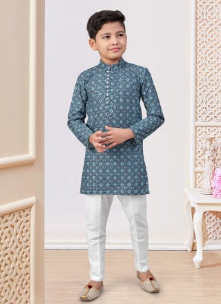 Blue Rayon Digital Print and Embroidered Work Kurta Pyjama for Kid
