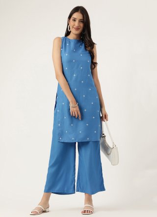 Blue Rayon Embroidered Work Designer Kurti for Festival