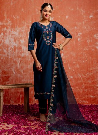 Blue Rayon Embroidered Work Salwar Suit