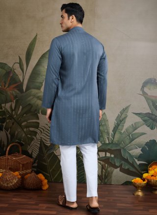 Blue Rayon Mirror and Thread Work Kurta Mens Wear