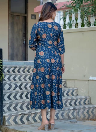 Blue Rayon Print Work Casual Kurti for Casual