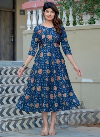 Blue Rayon Print Work Casual Kurti for Casual