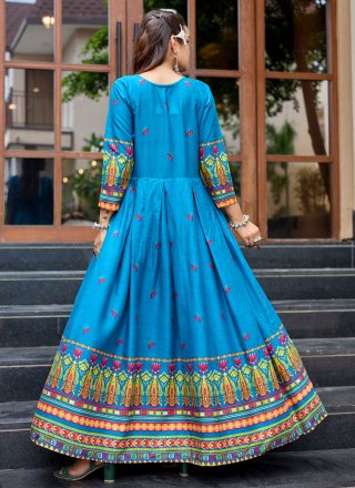 Blue Rayon Print Work  Designer Gown for Women