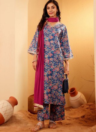 Blue Rayon Readymade Salwar Suit with Foliage Print Work for Women