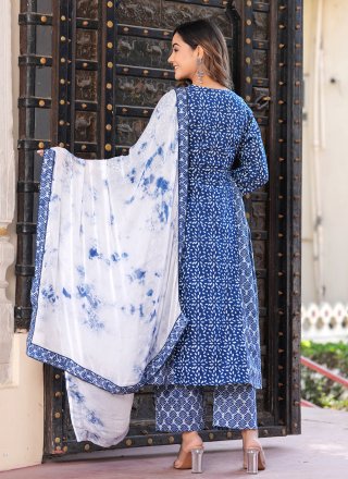 Blue Rayon Salwar Suit with Embroidered and Print Work for Ceremonial