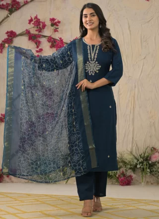 Blue Rayon Salwar Suit with Embroidered and Zari Work for Casual