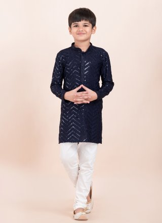 Blue Rayon Sequins Work Kurta Pyjama for Kid