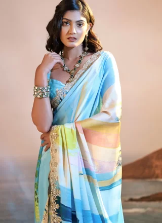 Blue Satin Embroidered, Print, Sequins, Thread and Zari Work Classic Sari