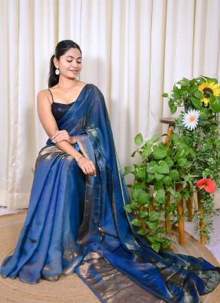 Blue Satin Embroidered Work Contemporary Sari
