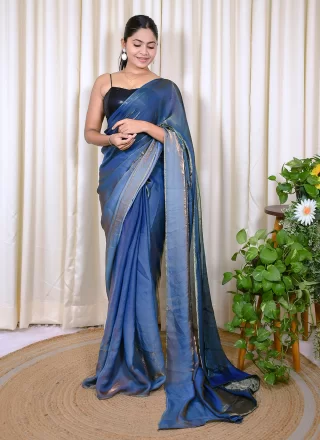 Blue Satin Embroidered Work Contemporary Sari