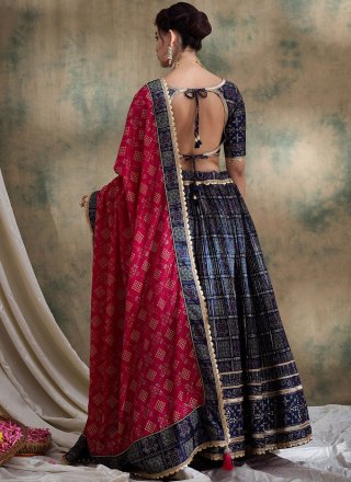 Blue Satin Lehenga Choli with Lace and Print Work