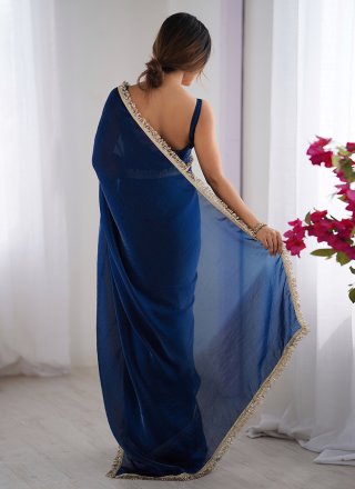 Blue Satin Patch Border, Lace and Sequins Work Trendy Saree