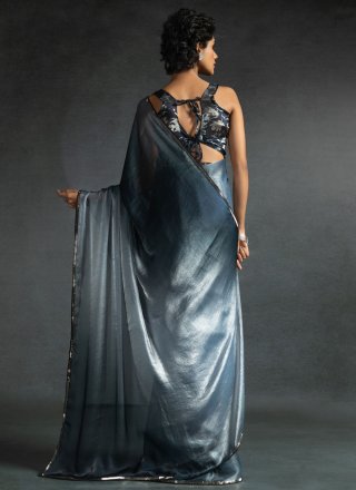 Blue Satin Silk Classic Saree with Patch Border and Diamond Work for Ceremonial