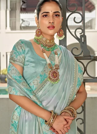 Blue Satin Silk Jacquard Work Contemporary Sari for Ceremonial