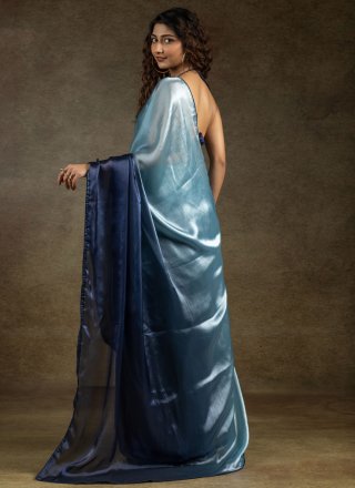 Blue Satin Silk Shaded Saree In Plain