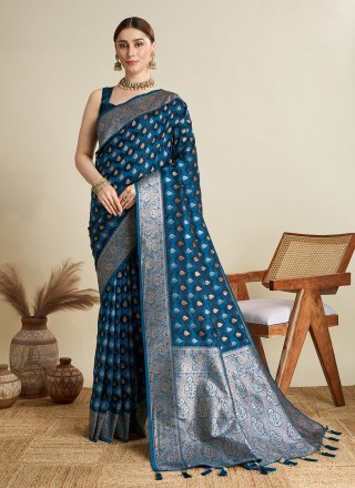 Blue Satin Silk Trendy Saree with Woven Work