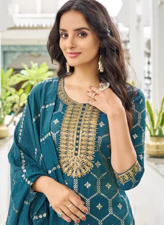 Blue Shimmer Embroidered, Foil Print and Zari Work Salwar Suit