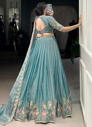 Blue Shimmer Embroidered, Sequins and Thread Work A - Line Lehenga Choli for Ceremonial