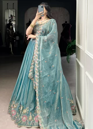 Blue Shimmer Embroidered, Sequins and Thread Work A - Line Lehenga Choli for Ceremonial