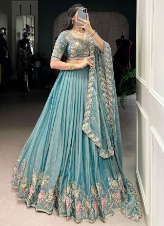 Blue Shimmer Embroidered, Sequins and Thread Work A - Line Lehenga Choli for Ceremonial