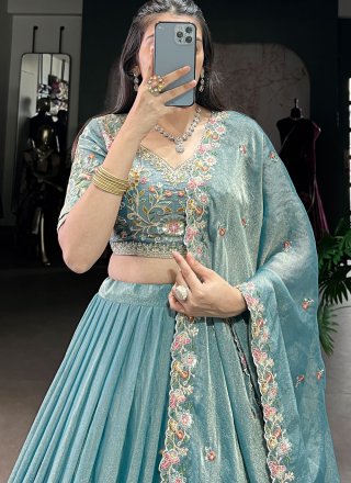 Blue Shimmer Embroidered, Sequins and Thread Work A - Line Lehenga Choli for Ceremonial