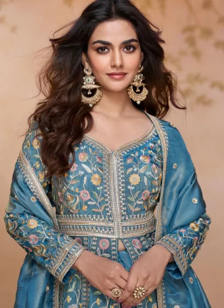Blue Shimmer Floor Length Salwar Suit with Embroidered, Lace, Sequins and Zari Work