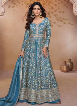 Blue Shimmer Floor Length Salwar Suit with Embroidered, Lace, Sequins and Zari Work