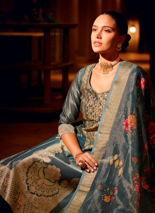 Blue Shimmer Salwar Suit with Hand and Woven Work