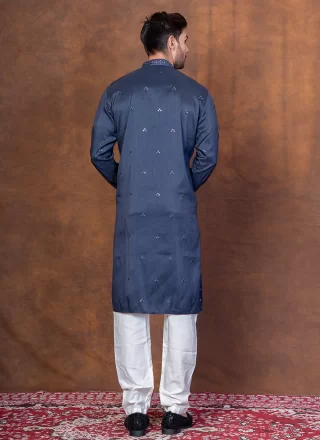Blue Silk Blend Kurta Pyjama with Embroidered Work