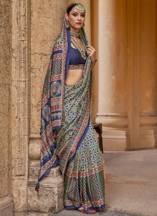 Blue Silk Block Print and Paisley Print Work Classic Saree