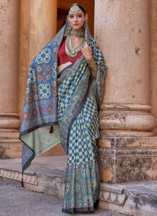 Blue Silk Block Print and Paisley Print Work Contemporary Sari for Casual