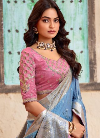 Blue Silk Booti, Stone, Weaving and Zari Work Traditional Saree