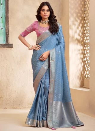 Blue Silk Booti, Stone, Weaving and Zari Work Traditional Saree