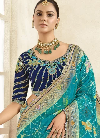 Blue Silk Classic Saree with Cut, Jacquard, Lace, Stone, Weaving and Zari Work for Ceremonial